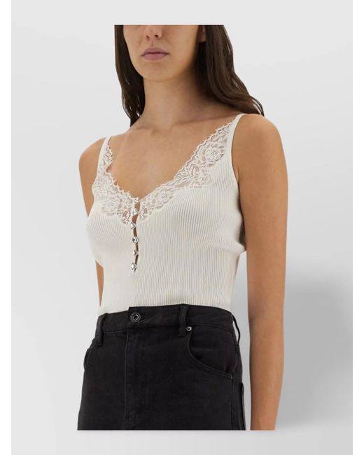 Self-Portrait White Ribbed Lace-Trim Tank Top