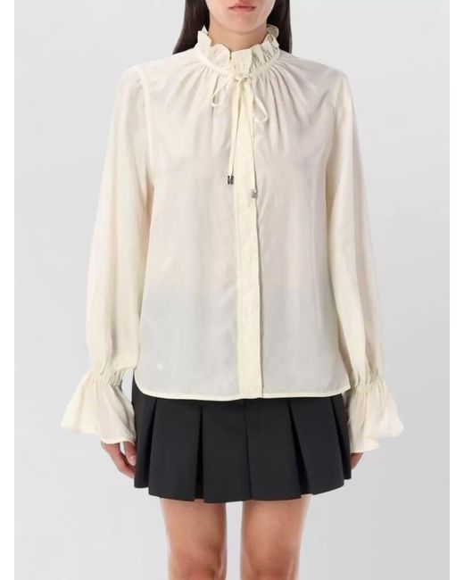 Ganni White Cupro Tie Shirt Drawstring Ruffled Collar