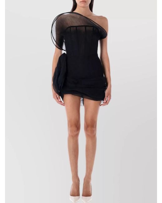 Magda Butrym Black Draped One Shoulder Sheer Overlay Dress