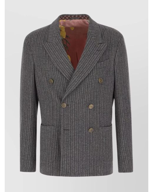 Etro Gray Double-Breasted Embroidered Blazer for men
