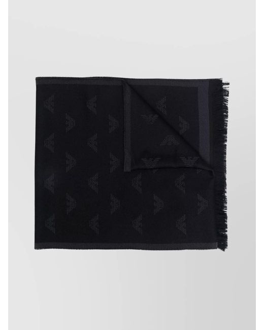 Emporio Armani Black Wool Logo Pattern Frayed Knit Scarf for men