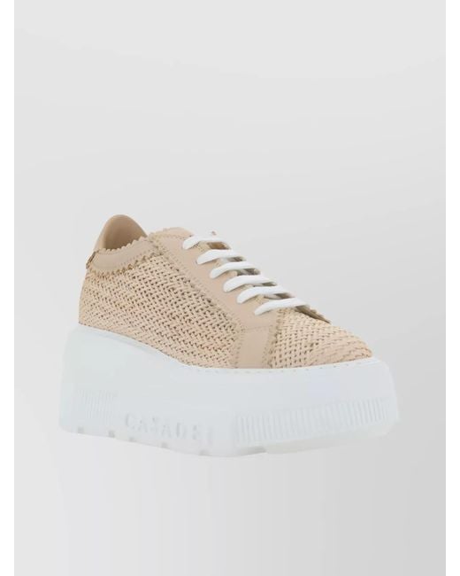 Casadei White Platform Sole Sneakers Featuring Woven Texture