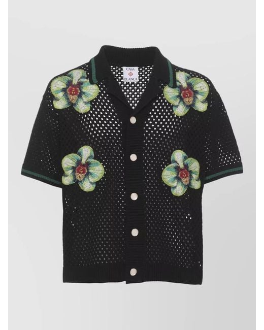 Casablanca Black Perforated Cotton Shirt Glitch Orchid Embroidery for men