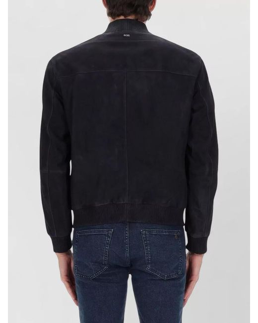 Boss Blue Leather Regular-Fit Bomber Jacket for men