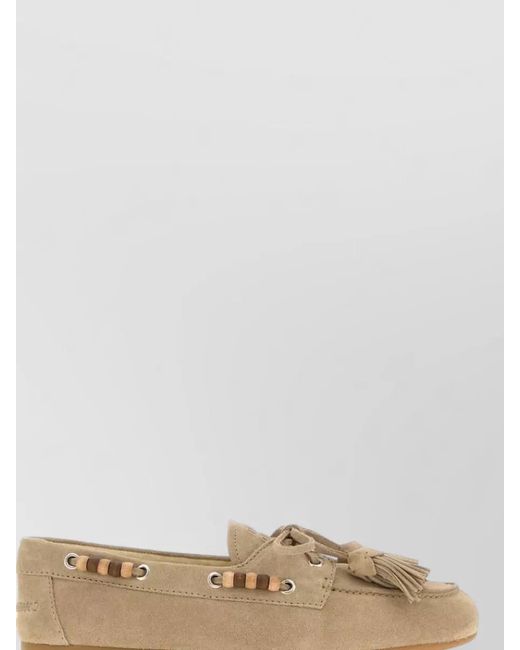 Miu Miu Natural Suede Lace Up Loafers Beaded Tassels