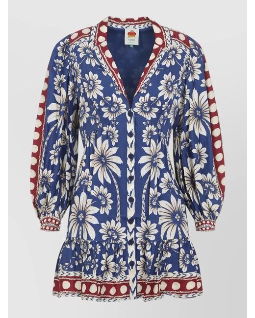 Farm Rio Blue Floral Mini Dress Long Sleeves Ruffle Hem