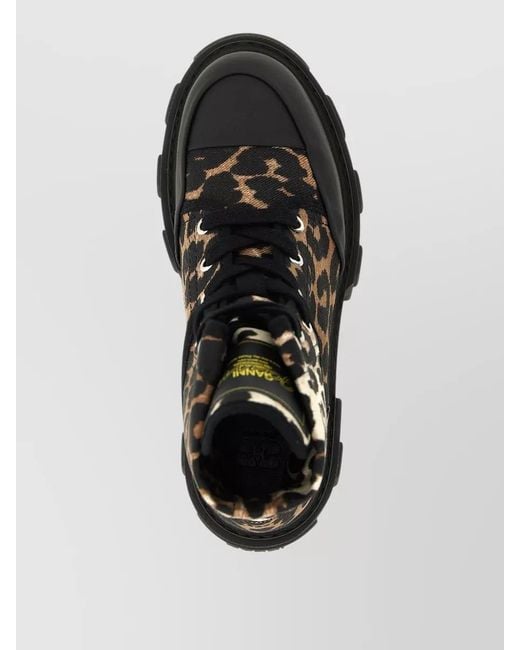 Ganni Black High Ankle Lace Up Boots Animal Print