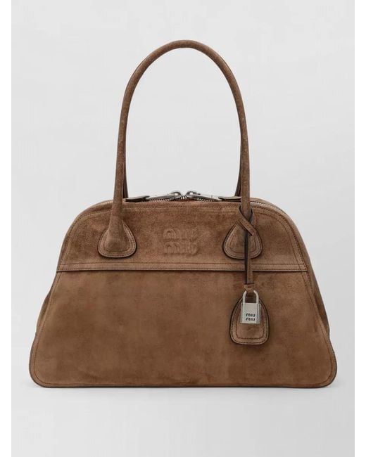 Miu Miu Brown Shoulder Bag Padlock Charm Suede Top Handles