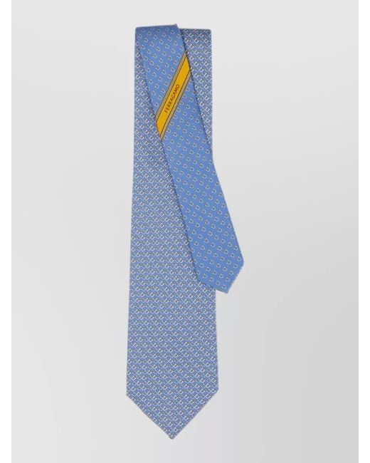 Ferragamo Blue Silk Tie Graphic Gancini Motif Pattern for men