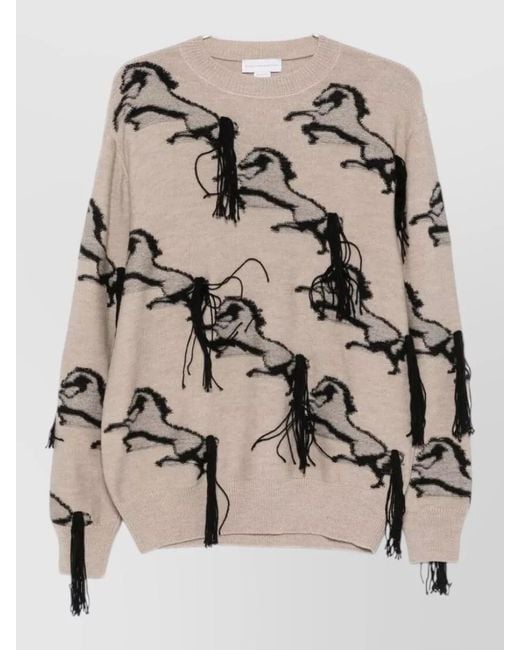 Stella McCartney Natural Wool Jumper Horse Embroidery Fringe Detail