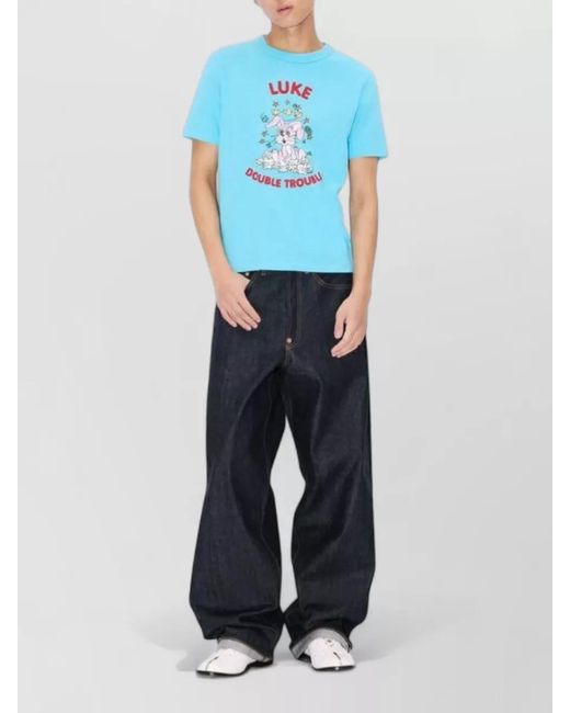 KENZO Blue Cartoon Graphic Crew Neck Cotton T Shirt for men