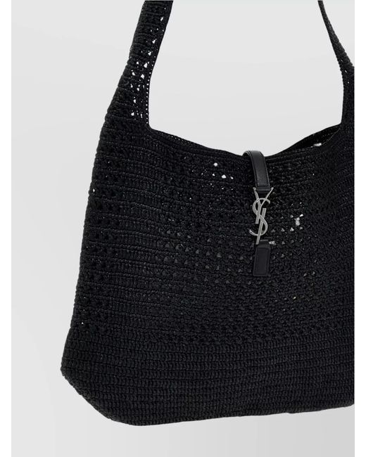 Saint Laurent Black Le 5 À 7 Medium Raffia Tote Bag