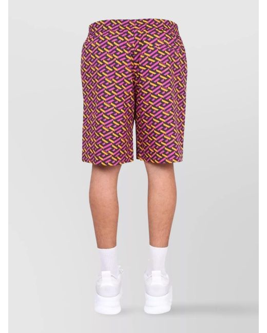 Versace Red Silk La Greca Print Bermuda Shorts for men