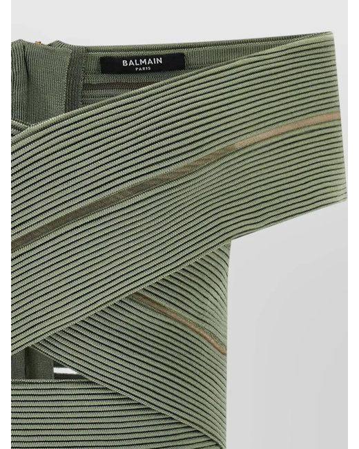 Balmain Green Off Shoulder Ribbed Cropped Knit Top