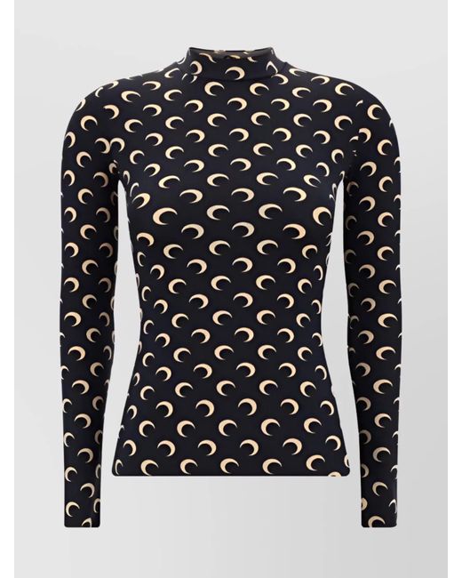 MARINE SERRE Black Printed Fitted High Neck Long Sleeve Top
