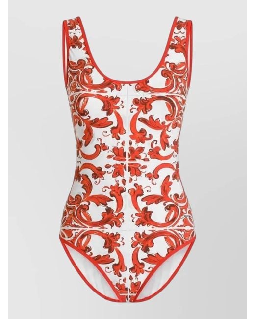 Dolce & Gabbana Red Majolica Print One Piece Swimsuit Low Back