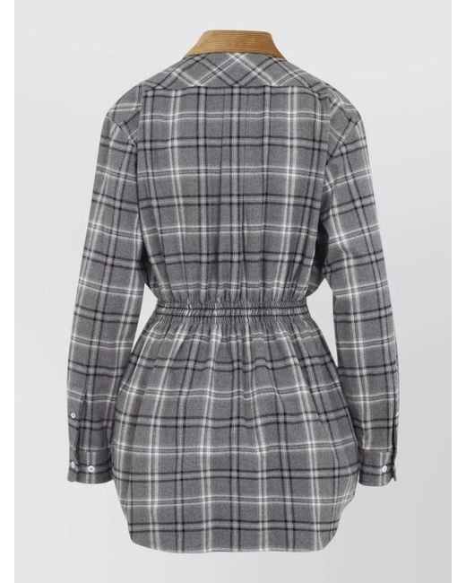 Miu Miu Gray Checked Cotton Long-Sleeve Mini Dress