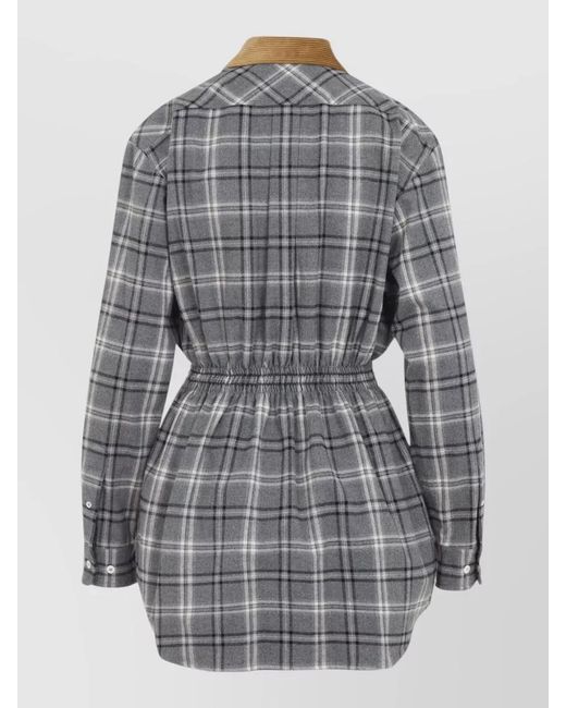 Miu Miu Gray Checked Cotton Long-Sleeve Mini Dress
