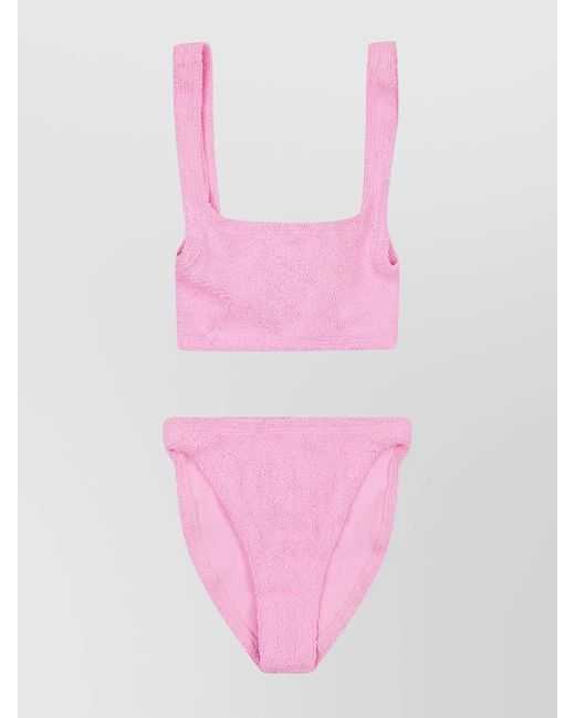 Hunza G Pink Square Neckline High-Cut Leg Textured Fabric Bikini