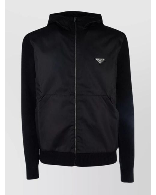 Prada Black Cashmere Wool Hooded Ribbed Cardigan for men