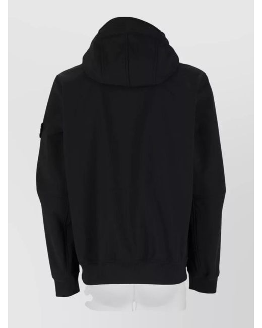 Stone Island Black Hooded Coat Ribbed Cuffs And Hem for men