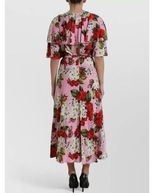 Dolce & Gabbana Red Silk Floral-Print Crystal-Embellished Short-Sleeve V-Neck Midi Dress