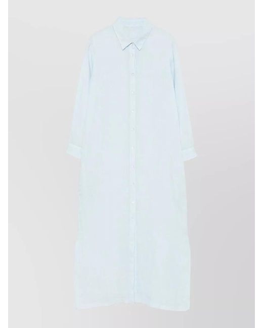 120% Lino White Long Linen Shirt Dress Cuffed Sleeves