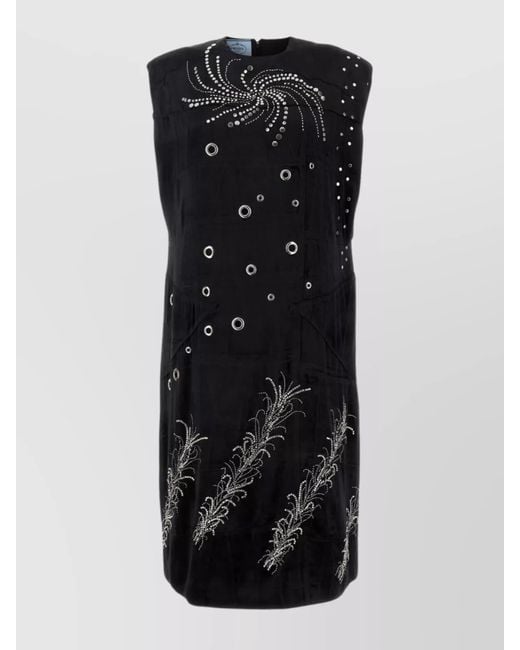 Prada Black Velvet Studded Rhinestone Round Neck Dress