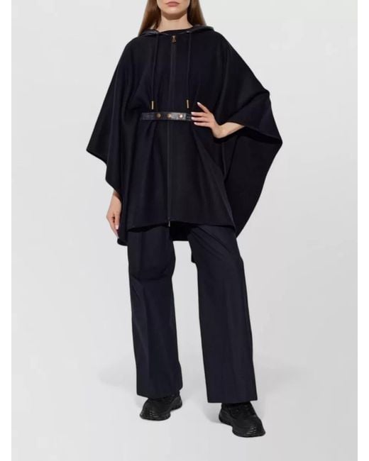 Moncler Blue Hooded Mid Length Cape Loose Fit Buttons