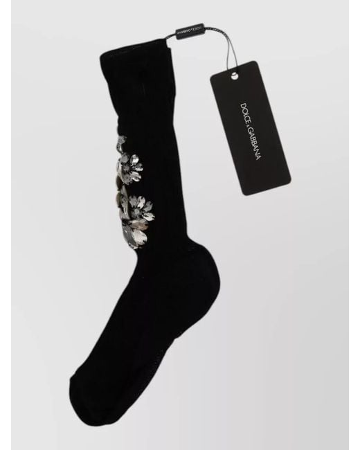 Dolce & Gabbana Black Knitted Floral Crystal Mid Calf Socks