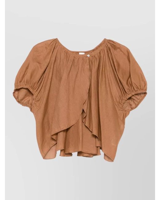 120% Lino Brown Cropped Linen Blouse Puff Sleeves