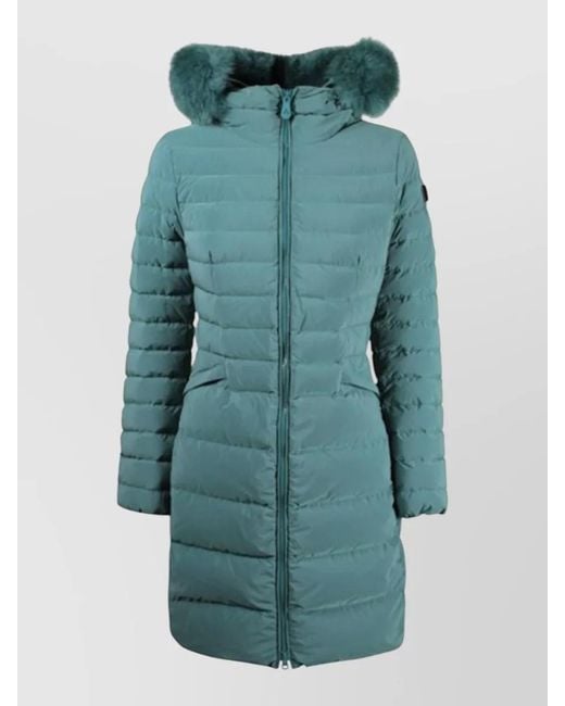 Peuterey Green Hooded Long Coat Fur Trim Quilted Pockets