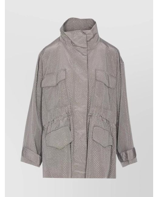 Pinko Gray Drawstring Waist Parka Strass