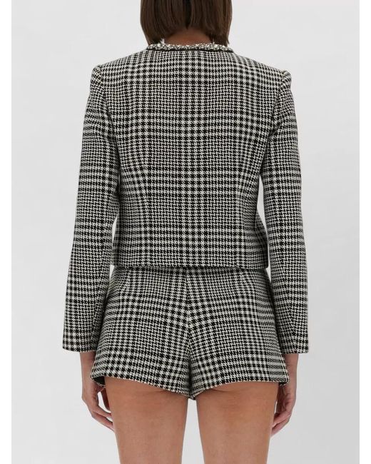 Self-Portrait Gray Crystal-Embellished Houndstooth Blazer