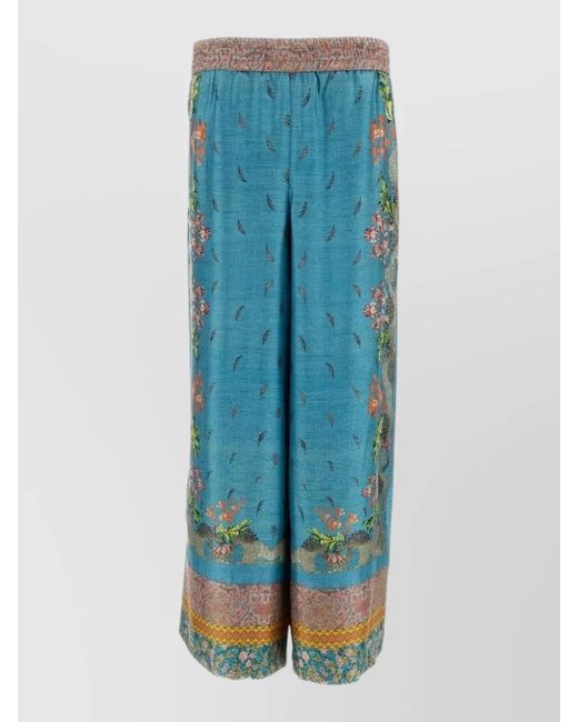Pierre Louis Mascia Blue Printed Silk Wide-Leg Trousers