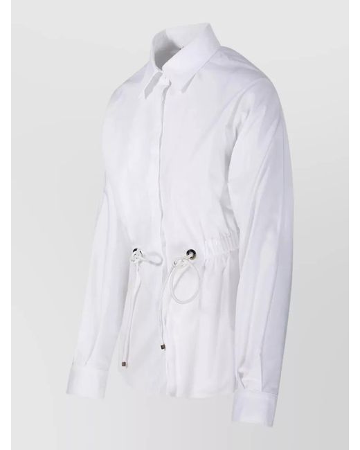Max Mara White Cotton Poplin Drawstring Waist Long-Sleeve Shirt