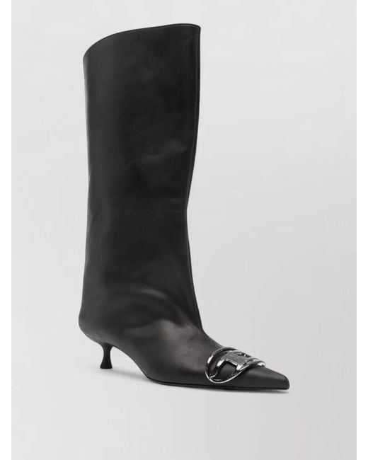 DIESEL Black High Shaft Kitten Heel Metallic Toe Boots