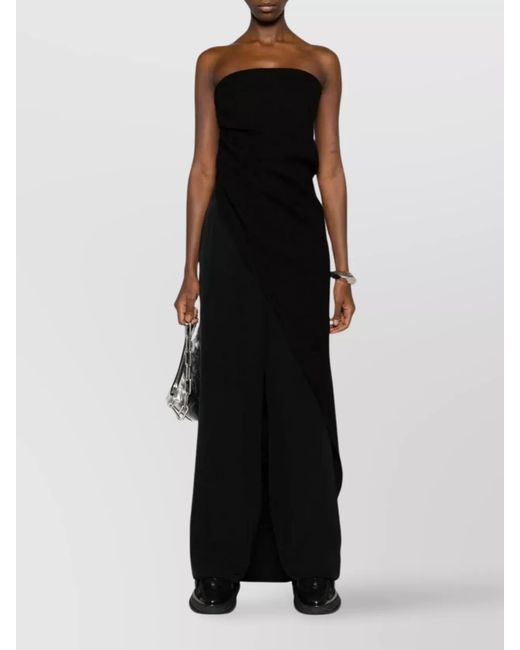 Rick Owens Black Virgin Wool Strapless Asymmetric Draped Long Dress