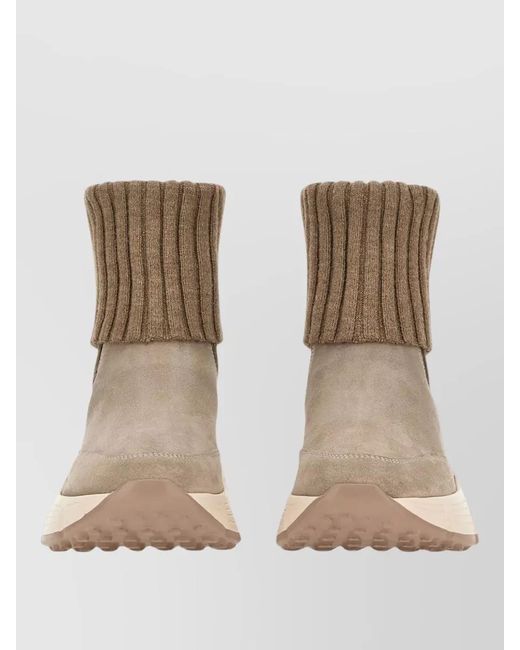 Hogan Natural Suede Boots Chunky Sole Ribbed Knit Cuff