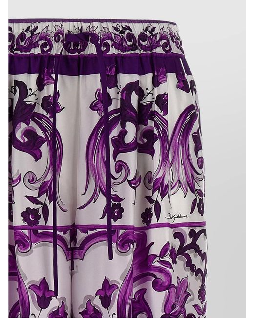 Dolce & Gabbana Purple Majolica Print High Rise Wide Leg Pants