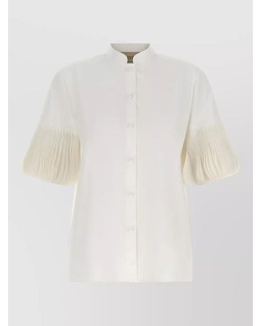 Valentino Garavani White Poplin Shirt Embroidered Mandarin Collar Pleated Sleeves