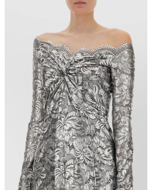 Rabanne Gray Floral Lace Off-The-Shoulder Long-Sleeve Midi Dress