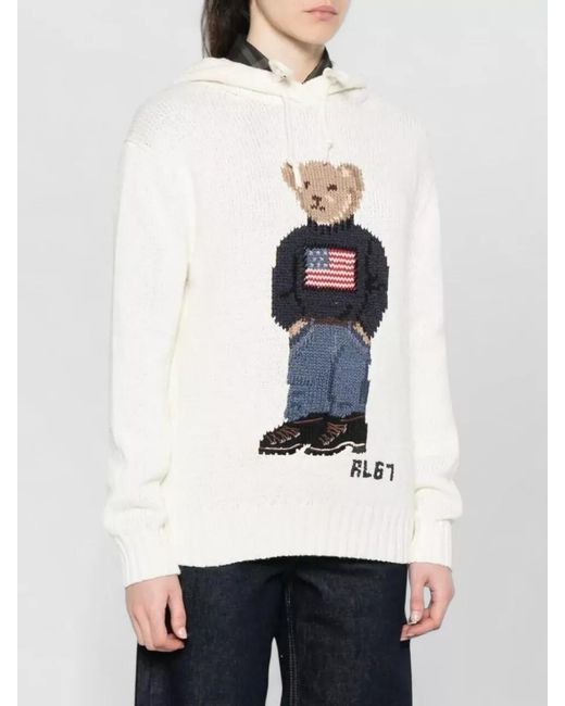 Polo Ralph Lauren White Bear Linen Blend Hooded Knit Sweater