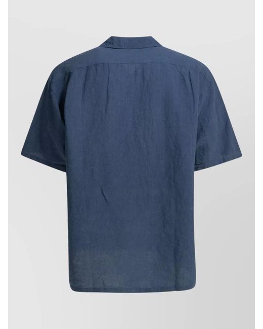 Beams Plus Blue Linen Short Sleeve Shirt Chest Pockets for men
