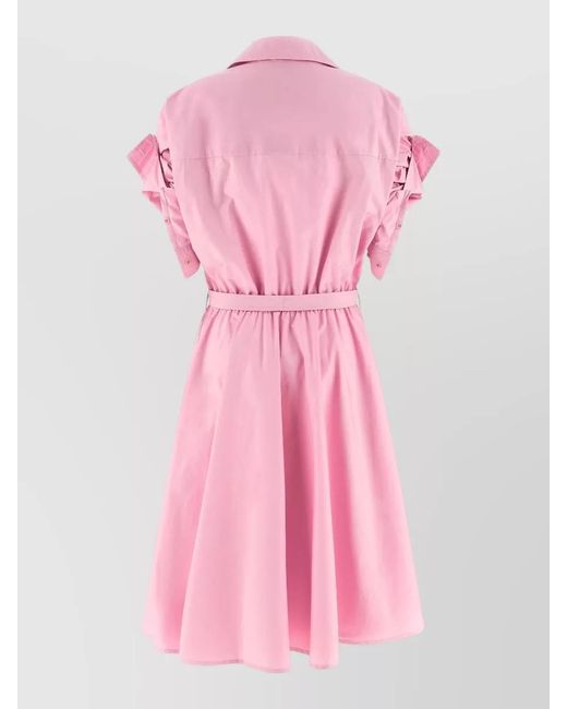 Nude Pink Shirt Dress Belted Waist Buttoned Pleated Skirt