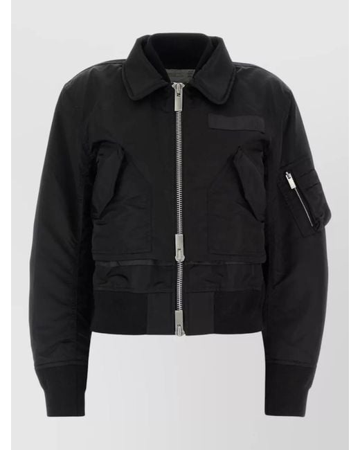Sacai Black Nylon Cropped Bomber Jacket Casual Style