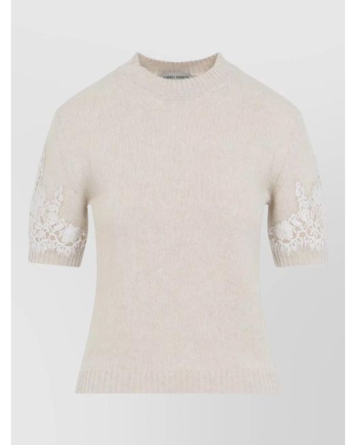 Alberta Ferretti White Knit T Shirt Slim Silhouette Lace Sleeves