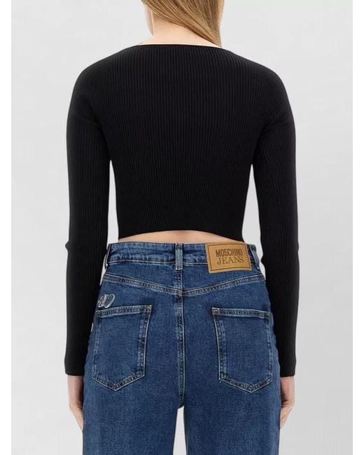 Moschino Black Rib Knit Crop Top Long Sleeves