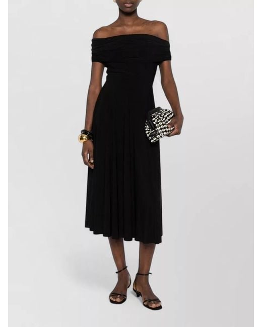 Norma Kamali Black Off Shoulder Midi Dress Pleated Skirt Draped