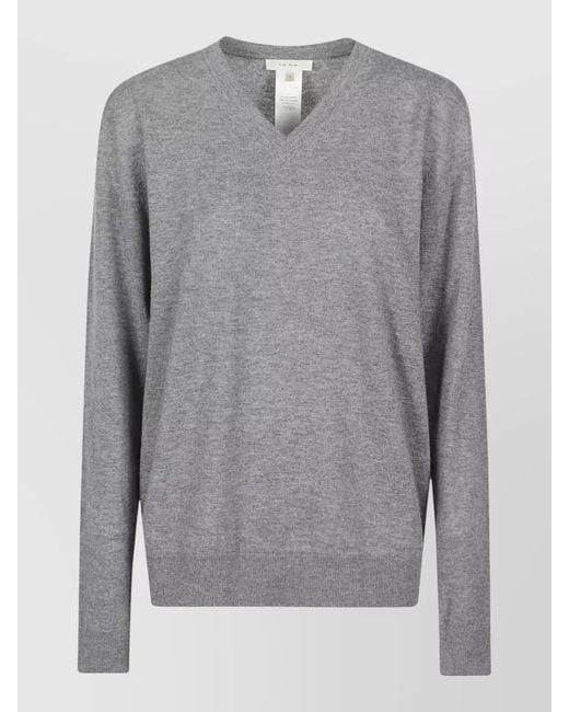 The Row Gray Nian Long Sleeve Top Ribbed V Neckline